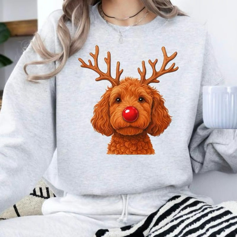 Dame Julesweatshirt med Rund Hals og Kreativt Rensdyr-Hundemotiv
