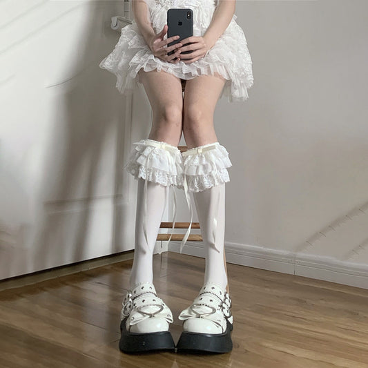 Multi-layer Lace White Knee Socks Bow Stockings