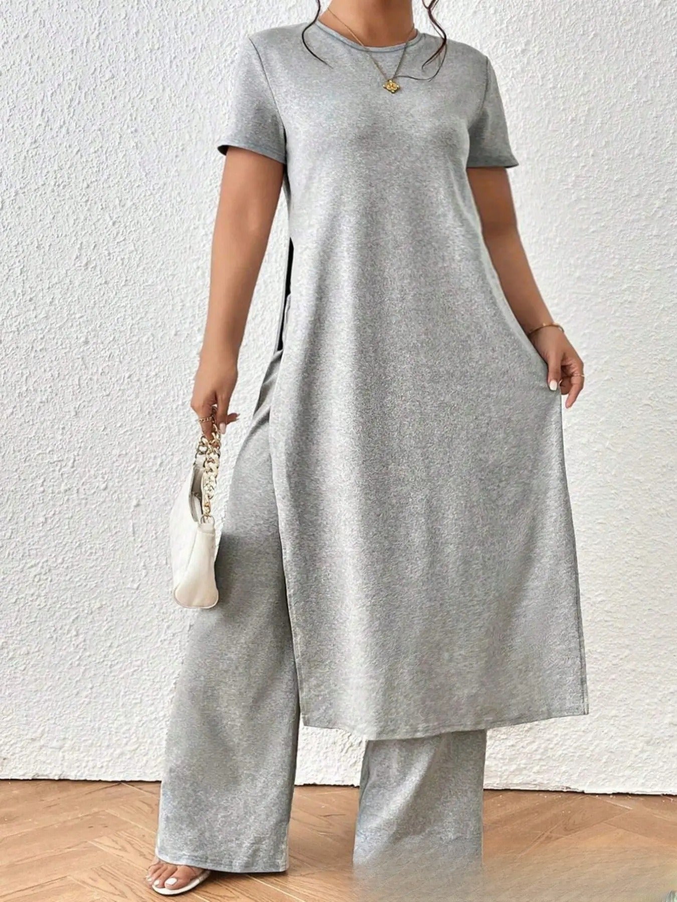 Plus Size Set Slit Top Wide Leg Pants