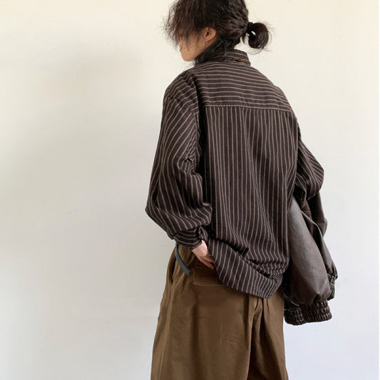 Spring And Autumn Japanese Retro Striped Shirt