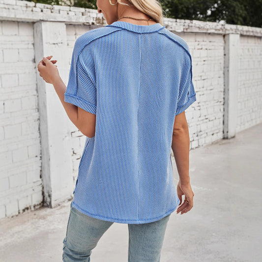 Ny Twist Ribbet V-hals Pullover T-shirt