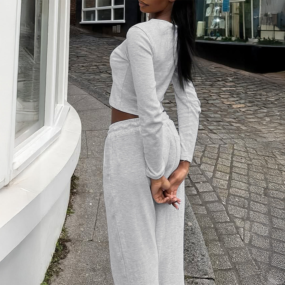 Womens Solid-Color Base Shirt And Casual Pants Set