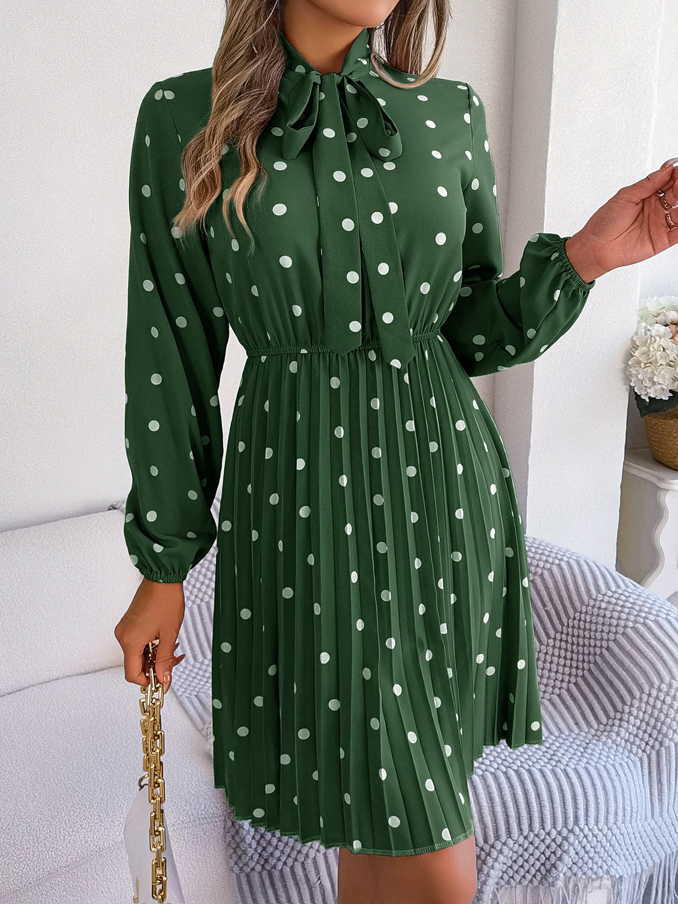 Women's Polka Dot Tie-Waist Long Sleeve Pleated Maxi Dress