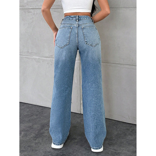 Womens Washed Casual Straight Jeans