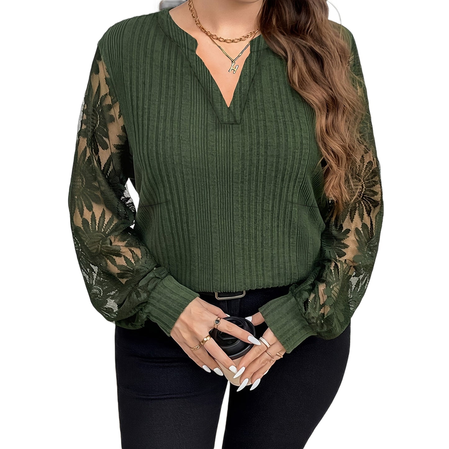 Plus-size Womens Soft Ribbed Panel Sheer Embroidered Sunflower Blouse