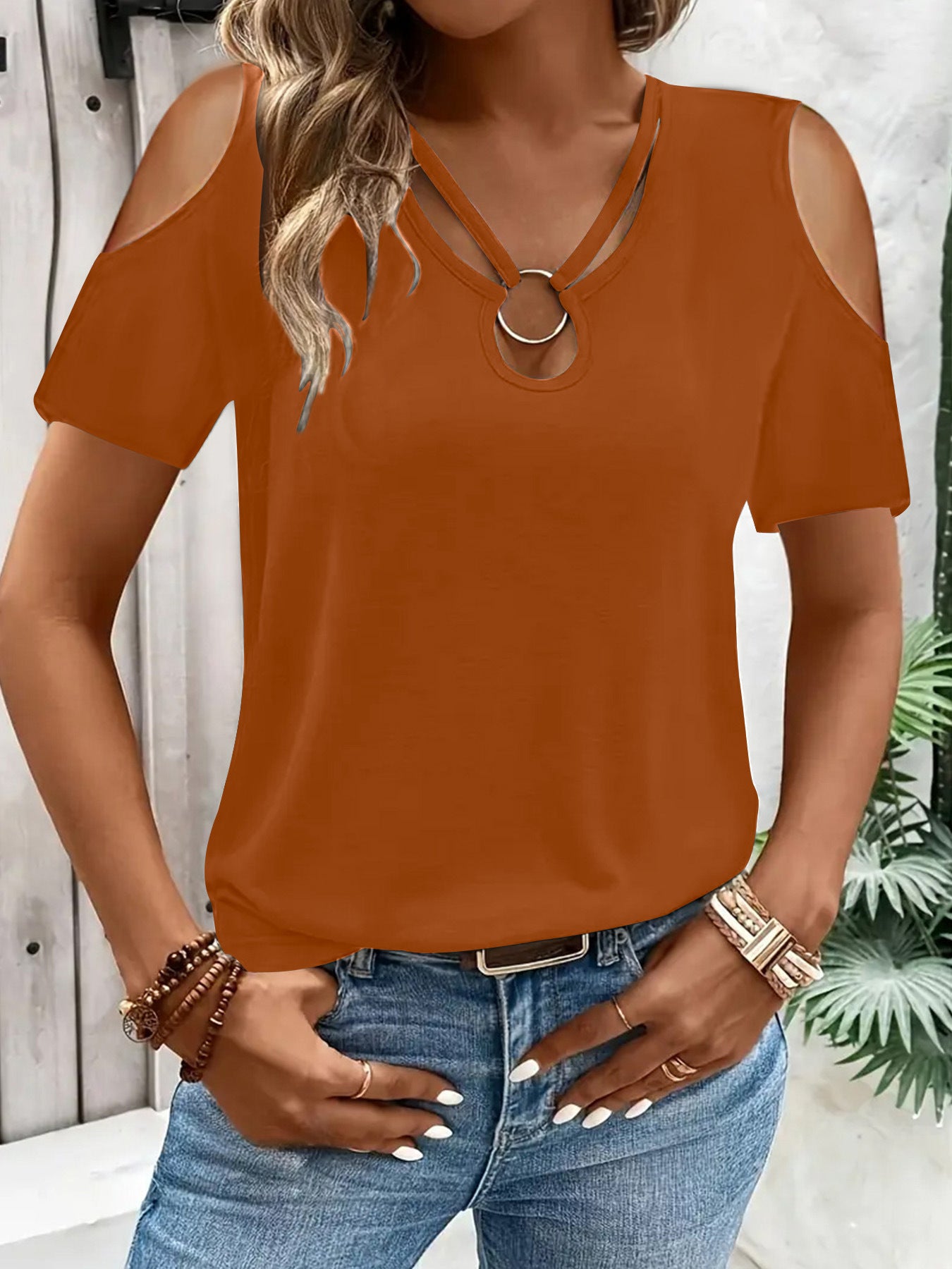 Womens Loose-Fit Cross-Over V-Neck Off-the-Shoulder Short-Sleeve TShirt