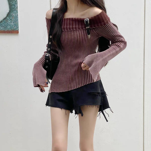 French Retro Ins Lapel Elegant Knitwear Women's Off-shoulder Buckle Distressed Split Flare Sleeve