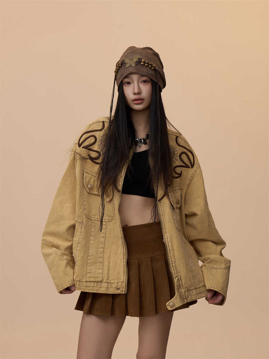 Vintage Embroidery Washed Heavy Weight Denim Coat Jacket