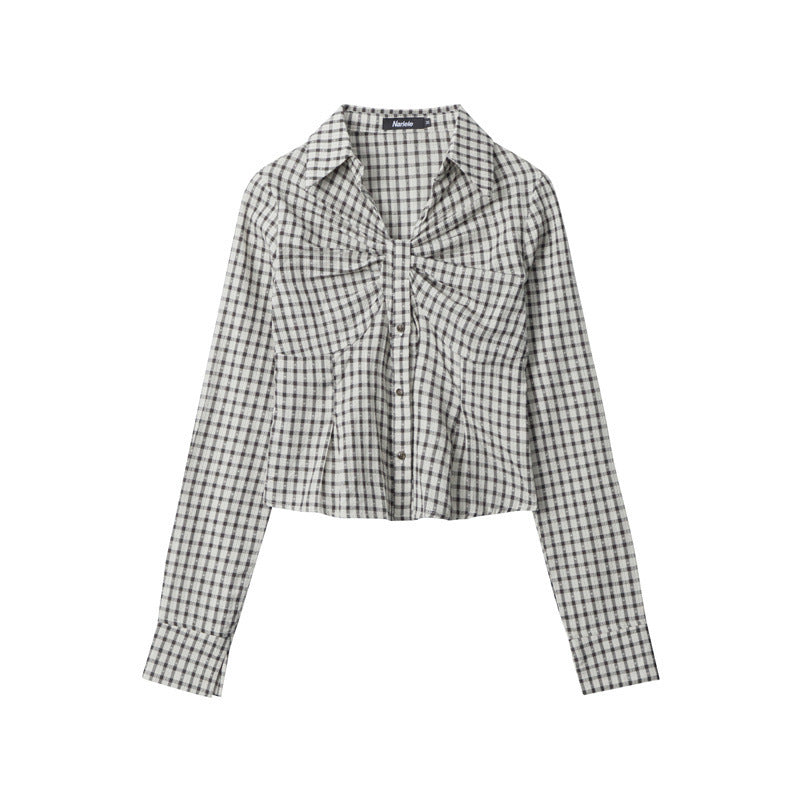 Plaid Pleated Design Shirt Womens Short Slim-Fit Long-Sleeve Top In A Sassy Style