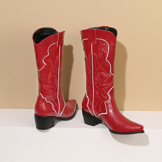 Pointed-toe Red Embroidered Knee-high Boots Chunky Heel