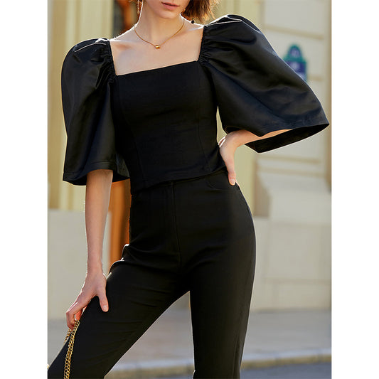 Dame retro lanterneærmet firkantet hals elegant top