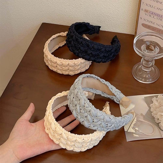 French Style Vintage Weave High Skull Top Headband Simple Solid Color Wide Edge Advanced Pressure-sensitive Hair Band Pastoral Knitted Headdress