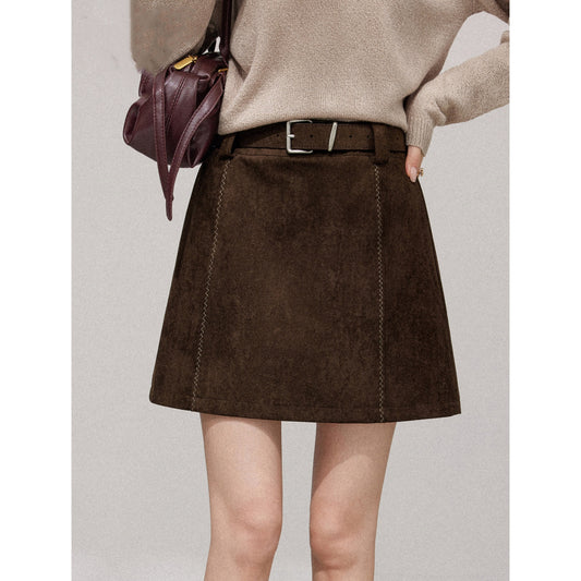Deerskin Suede Coffee-colored A-line Skirt For Women Autumnwinter