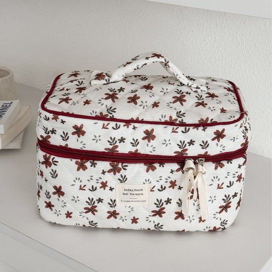 Orange Floral Corduroy Large-Capacity Portable Toiletry Bag For Women