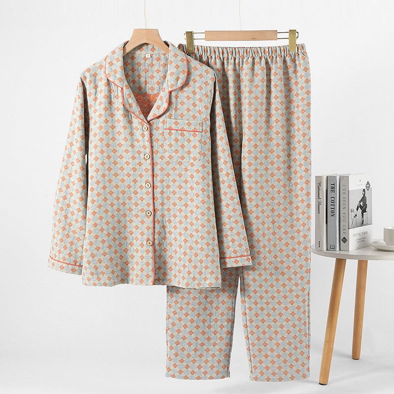 Womens Double-Layer Yarn-Dyed Cotton Long-Sleeve Top And Pants Set
