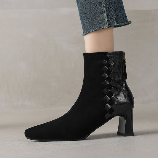 Womens Korean-style Square-toe Leather Chunky-heel Patchwork Ankle Boots
