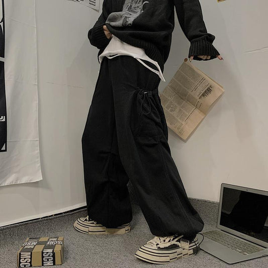 Retro Solid Color Overalls Large Loose Pockets Ankle-tied Sweatpants