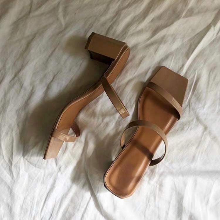 One Word Belt High Heels Square Toe Thick Heel Sandals For Outer Wear