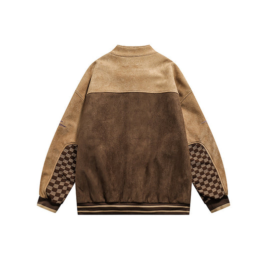 Hip-hop All-match Plaid Stitching Stand Collar Jacket Cardigan