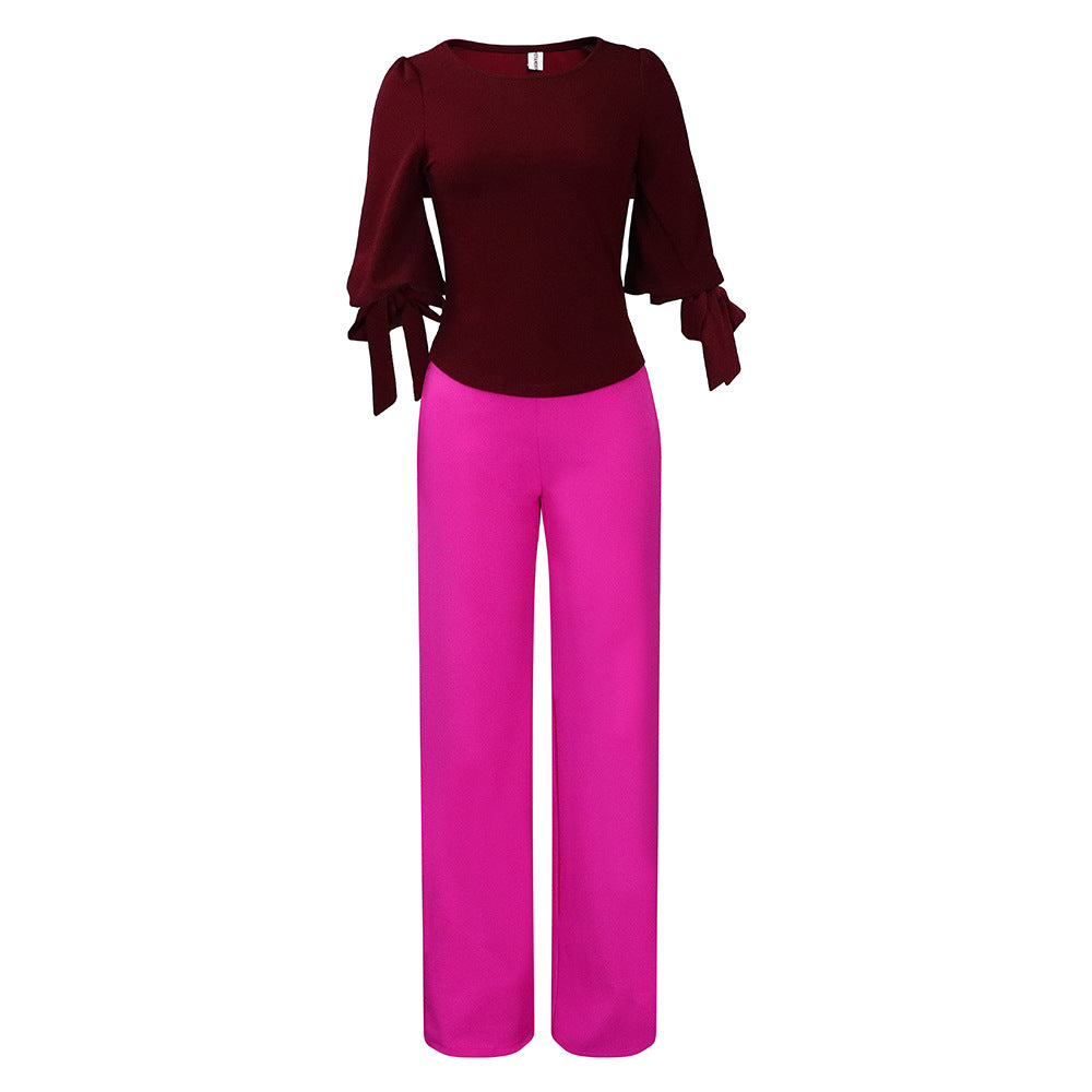 New Casual Set Loose Large Size Tie-up Top High Waist Wide Leg Pants Set