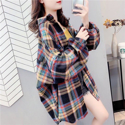 Loose-fitting Korean-style Plaid Shirt For Women