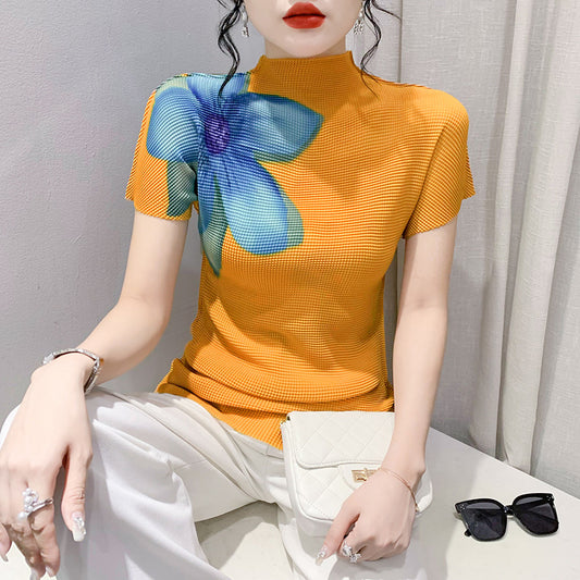 Printed Summer Fashion Large Flower Slimming Short-sleeved T-shirt 3D