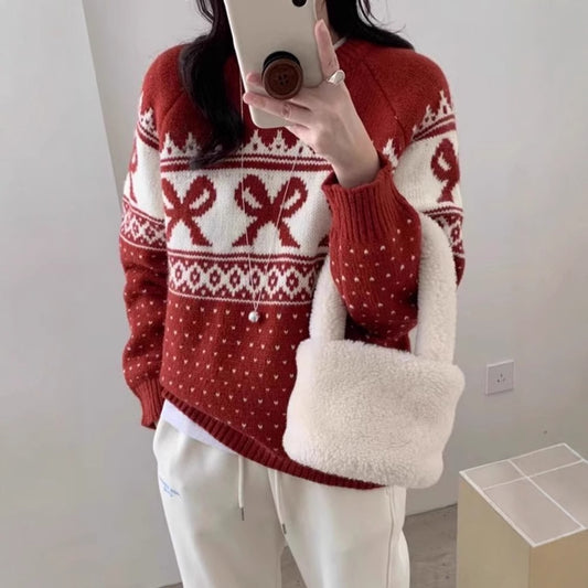 Women's Korean-style Vintage Jacquard Round Neck Sweater With Bow