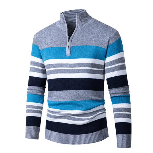 Afslappet Langærmet Half-turtleneck Sweater med Lynlås til Mænd, Alsidig Stribet