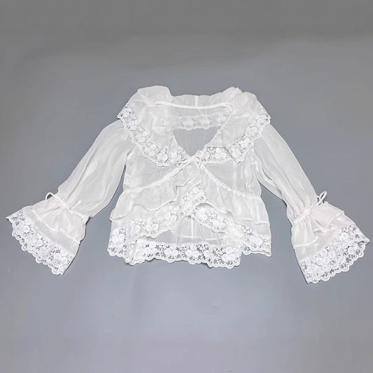 Sweet Beauty Summer Ruffles Lace Stitching Large Lapel Short Waist