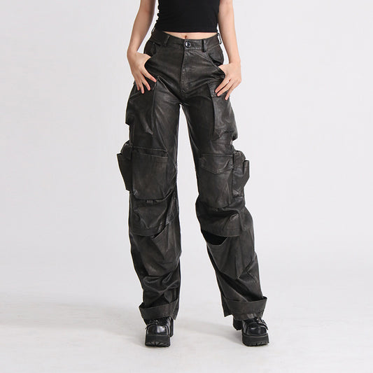 Fashion Unique Design Pocket High Waist Wide Leg Solid Color American PU Overalls
