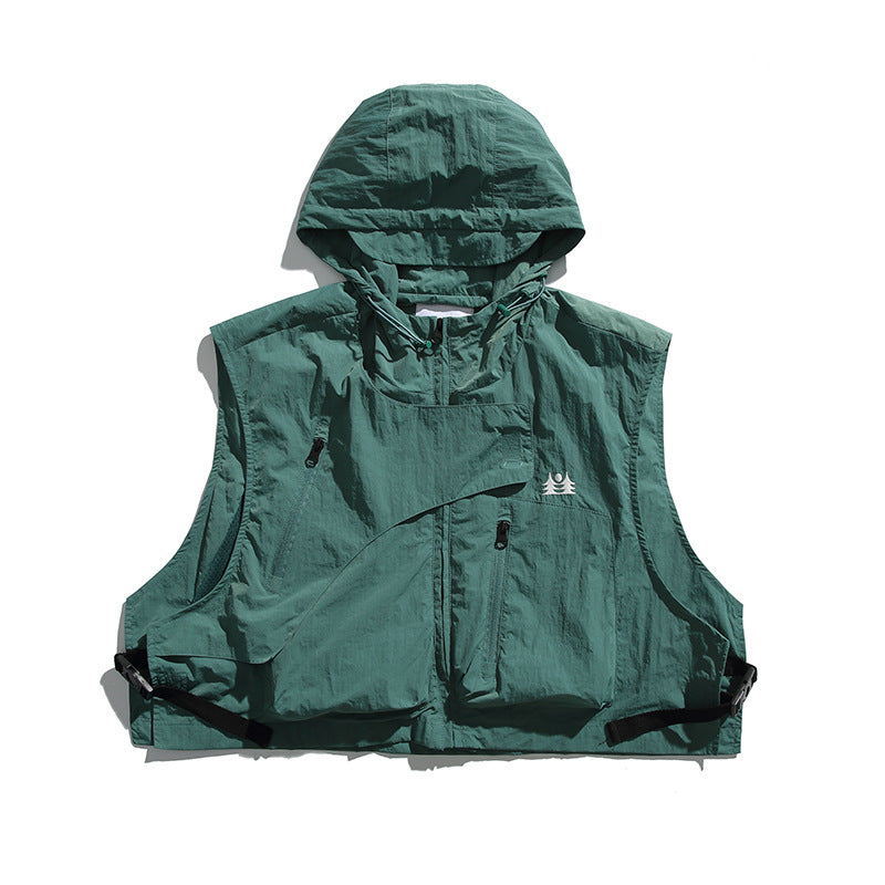 College Style Loose Hooded Windproof Fishing Vest Jacket