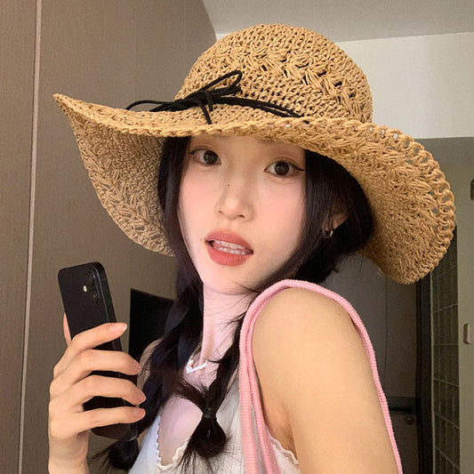 Straw Bow Chain Strap Straw Hat Female Hollow Crocheted
