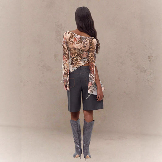 Off-the-shoulder Floral-print Flared Long-sleeve Asymmetrical Womens Top