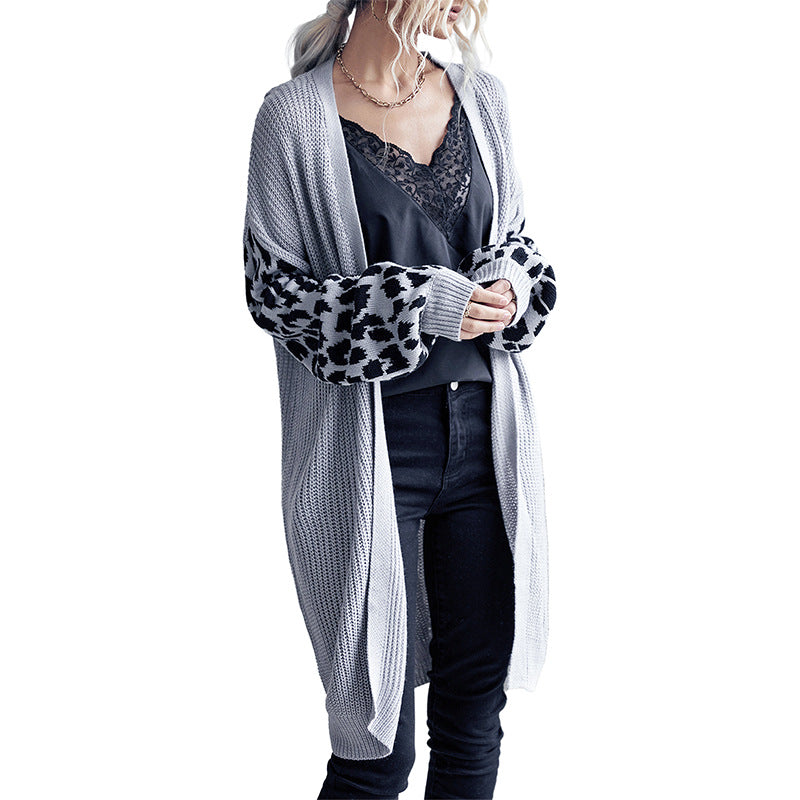 Womens Long Leopard-print Long-sleeve Sweater Coat