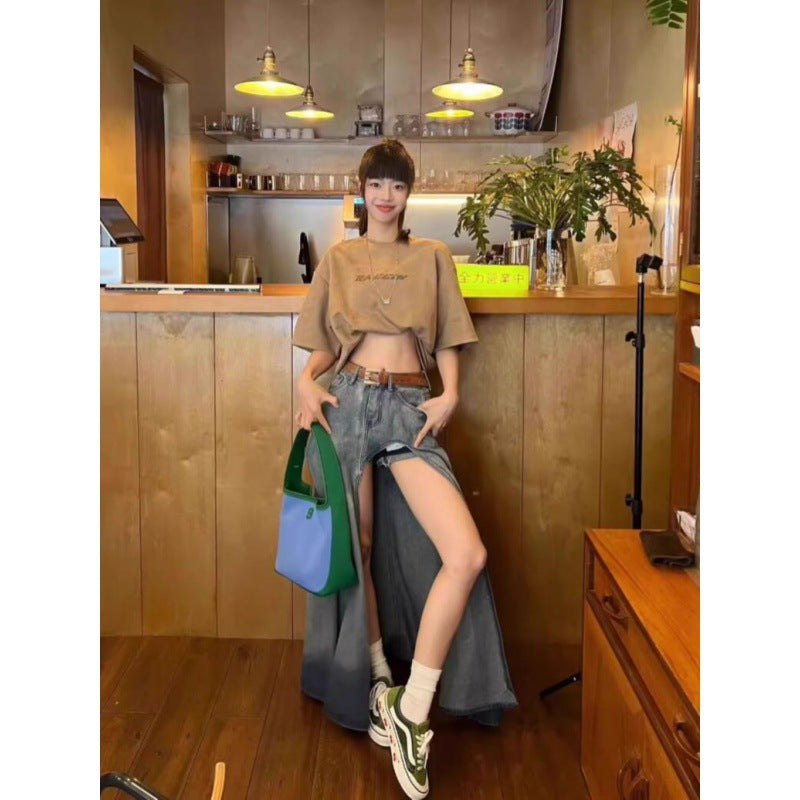 Retro Gradient High Waist Slit Denim Skirt