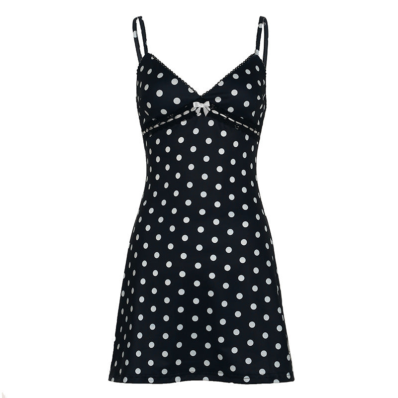 Womens Stylish Polka-dot Waist-cinching Slip Dress