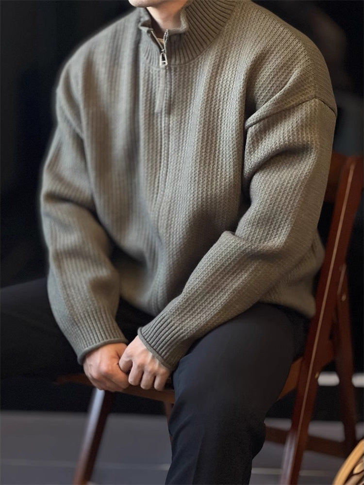 Herre Strikket Cardiganjakke med Høj Krave Vintage Sweater