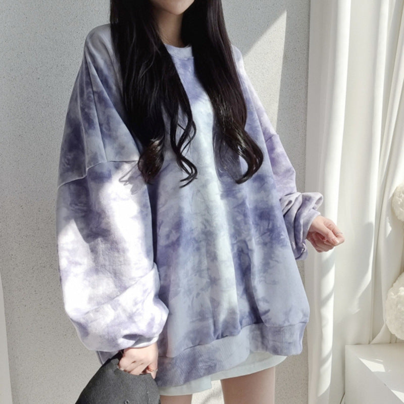 Tie-dye Sweater Dame Bomuld Løs Koreansk Top All-match Bogstaver Forår Og Efterår