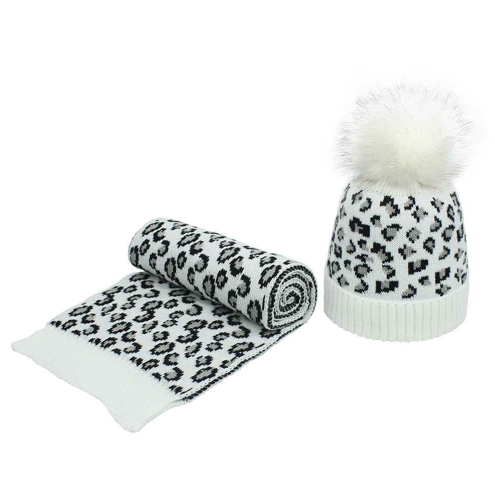 Women's Autumn And Winter Leopard Print Hair Ball Hat Scarf Set