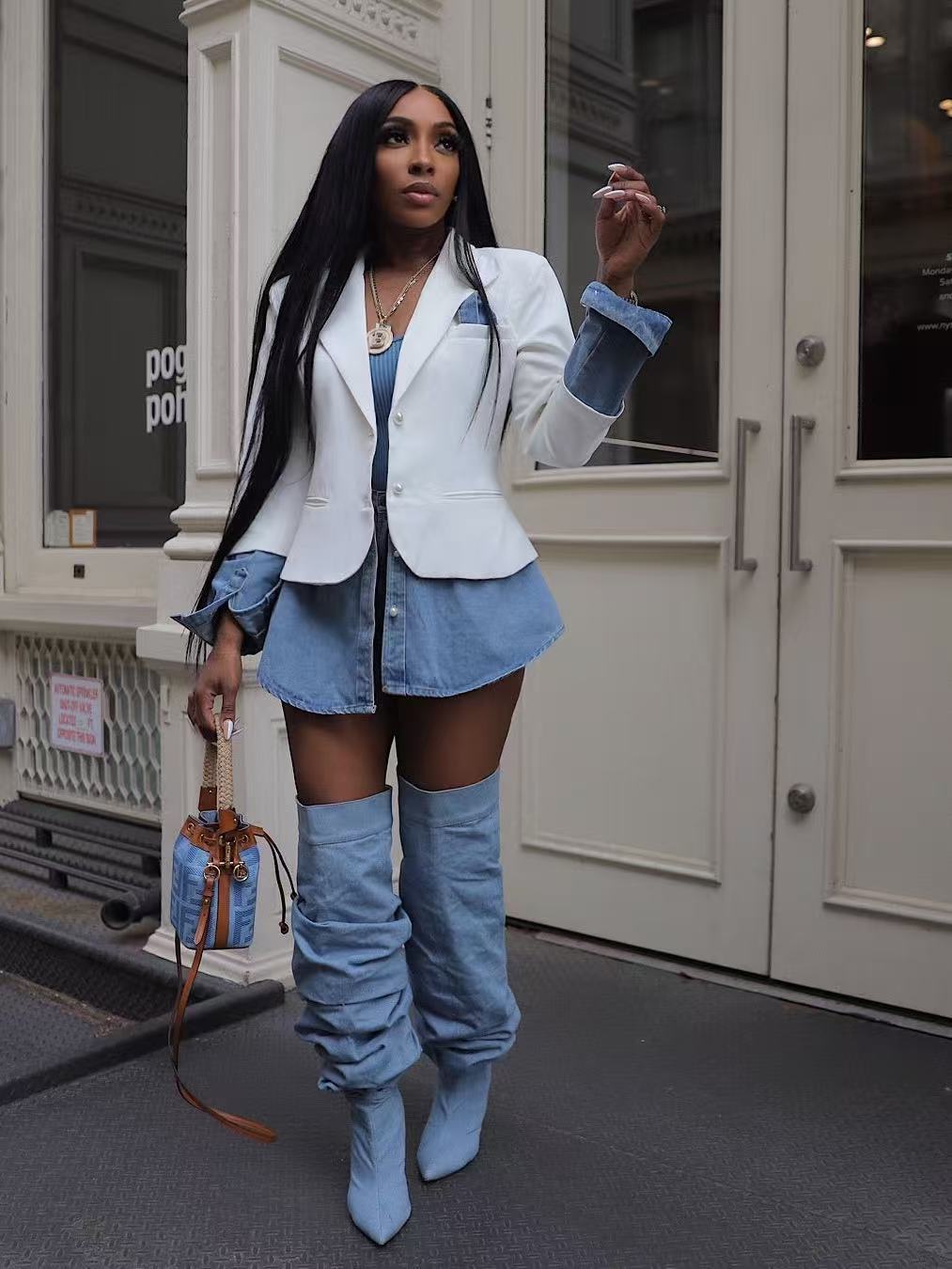 Casual Womens Patchwork Denim Blazer