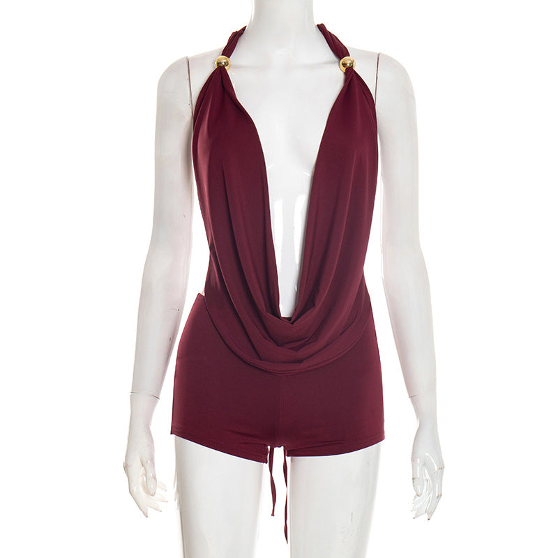 Ruffled Neckline Halter Backless Strap Sleeveless Top And Shorts Two Piece Set