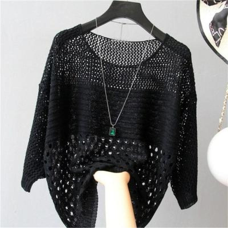 New Women's Loose Scoop Neck Thin Hollow Knit Blouse