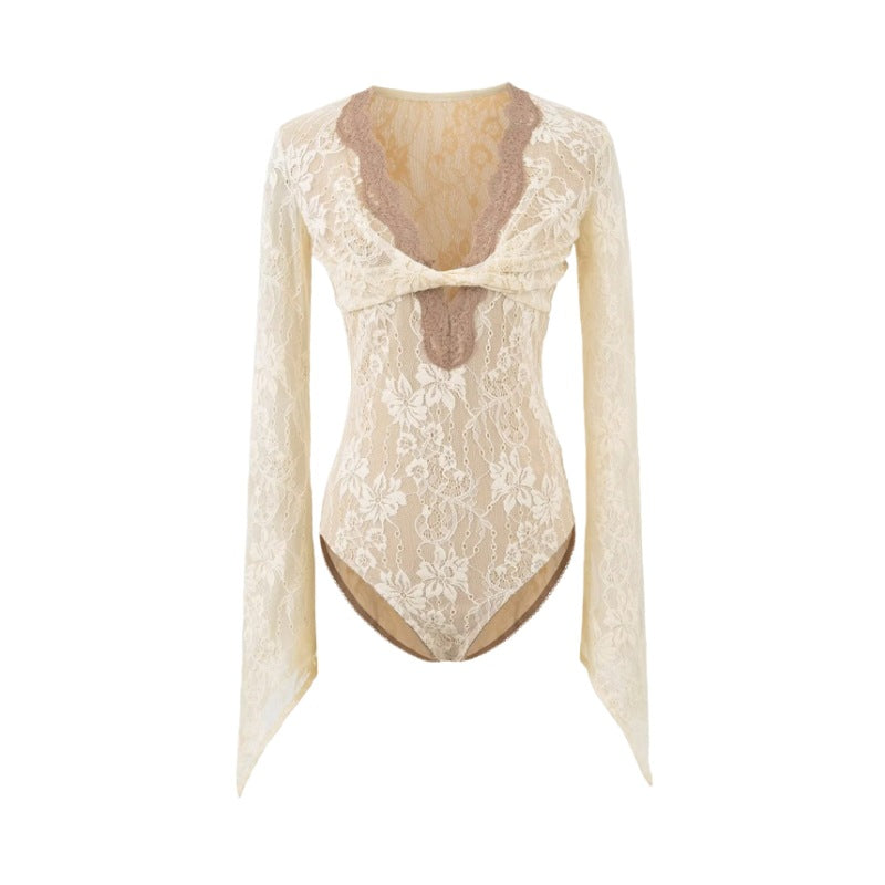 Double-layer Embossed Crochet Lace Bodycon Hollowed-Out Jumpsuit For Women