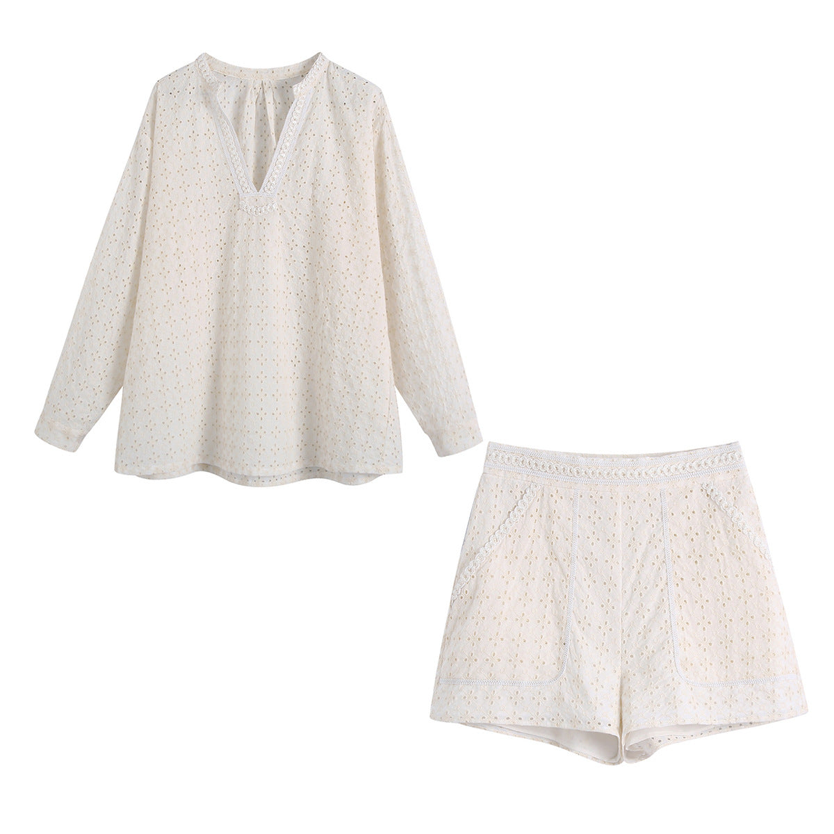 Women's Dignified Hollow Embroidered Shirt And Shorts Suit