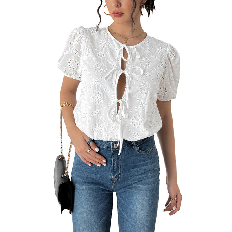 Leisure Vacation Lace-up Crew Neck Puff Sleeve White Jumpsuit