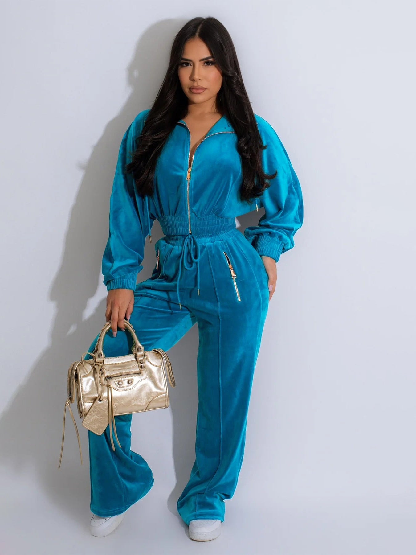 Womens Long-Sleeve Lapel Zip-Up Cardigan And Trousers Winter Two-Piece Set
