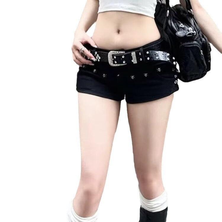 Low Waist Hip-wrapped Rivet Denim Super Short Shorts
