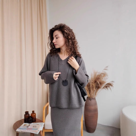 Split Sweater Suit Women's Knitted Blouse Skirt