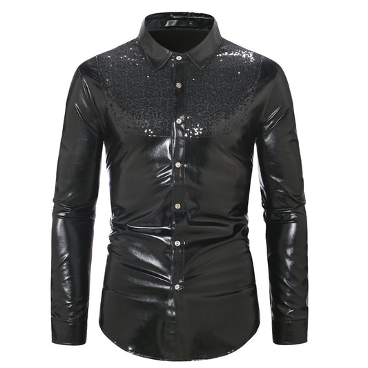 Autumn New Fashion Color-blocking Sequin Disco Shirt
