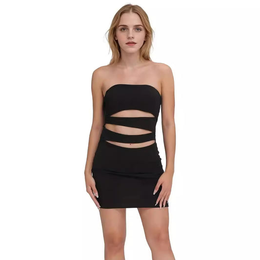 Summer Solid Color Sleeveless Cold-shoulder Tube Top Hollow Women's Dress